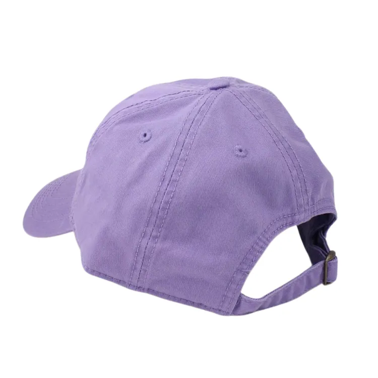 Lavender hat with script font 'Mustangs' embroidered in purple.  Adjustable tuck strap with slide closure. Made with 100% cotton. One size.