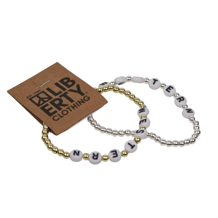 Gold beaded friendship bracelet with "Western" lettering.