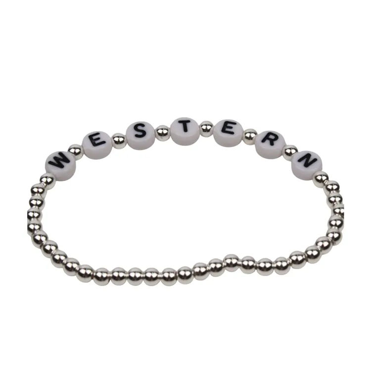 Silver beaded friendship bracelet with "Western" lettering.