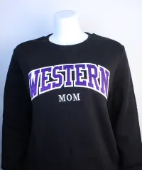 Black crewneck with large Western script across the chest and the word "Mom" centered underneath.
