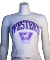 White baby tee style shirt with the Mustangs Logo and text that says "Western" in faded stylized lettering.