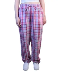 Pink and grey plaid pajama pants with a drawstring waist.