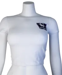 White baby tee with Mustangs logo on left chest in sparkles.