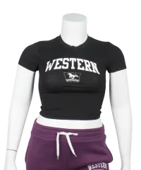 Balck baby tee with Western and the Mustangs logo printed on the front.