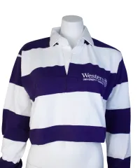 Cropped rugby polo with purple and white stripes and Western University embroidered on the left chest.
