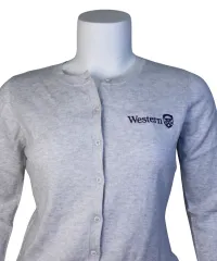 Ash grey cardigan with buttons along the front and Western embroidered on the left chest.