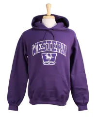 Purple hood with front pocket. 'Western' twill font and sublimated Mustangs logo appliqued in white and purple. 