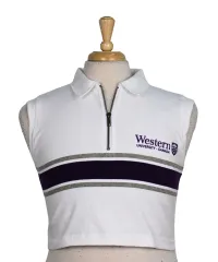 White, purple and grey striped cropped rugby tank top. Western crest on left chest.