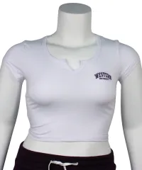 White v-notch tee with Western university embroidered on the left chest in purple.