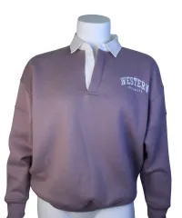 Mushroom purple polo sweatshirt with Western University embroidered on the left chest.