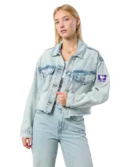 Denim jacket with buttons along the front. Mustangs logo on the left sleeve.