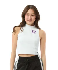 White high neck top with zipper. Mustangs logo printed on left chest.