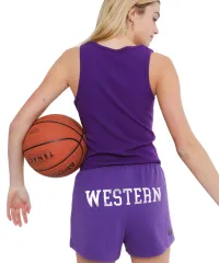 Purple gym shorts with Western printed on the back.