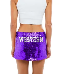 Purple sequin skirt with Western on the back.