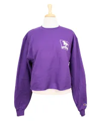Purple Champion cropped crew neck with Mustangs logo screen printed on left chest.