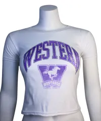 White baby tee with Mustangs and Western logo in faded print.