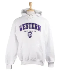 White hood with front pocket. Purple and grey 'Western' twill font and sublimated crest appliqued in white and purple. 'University' embroidered in purple.