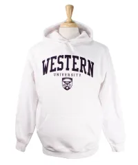 White hood with front pocket. 'Western' appliqued font in dark purple felt.  'University' and crest embroidered in white and purple.